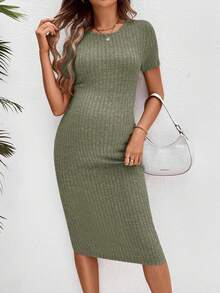 SHEIN Đầm bầu dáng suông, cổ tròn, ôm sát, dài đến đầu gối, thích hợp mặc thường ngày. - xanh quân đội - Xem 3