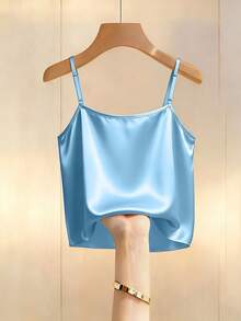 SHEIN Franclia Áo hai dây satin đính hạt thời trang mới, thích hợp mặc vào mùa xuân/hè, có thể mặc lớp hoặc mặc riêng. - Màu xanh nhạt - Xem 2