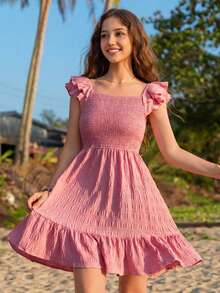 SHEIN Teen Girl Flutter Sleeve Square-Neck Shirred Dress Holiday Outfits - Dusty Pink - View 4