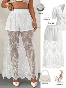 Femmeverse Saia Casual com Detalhe em Renda Plus Size Feminina - Branco - Visão 3