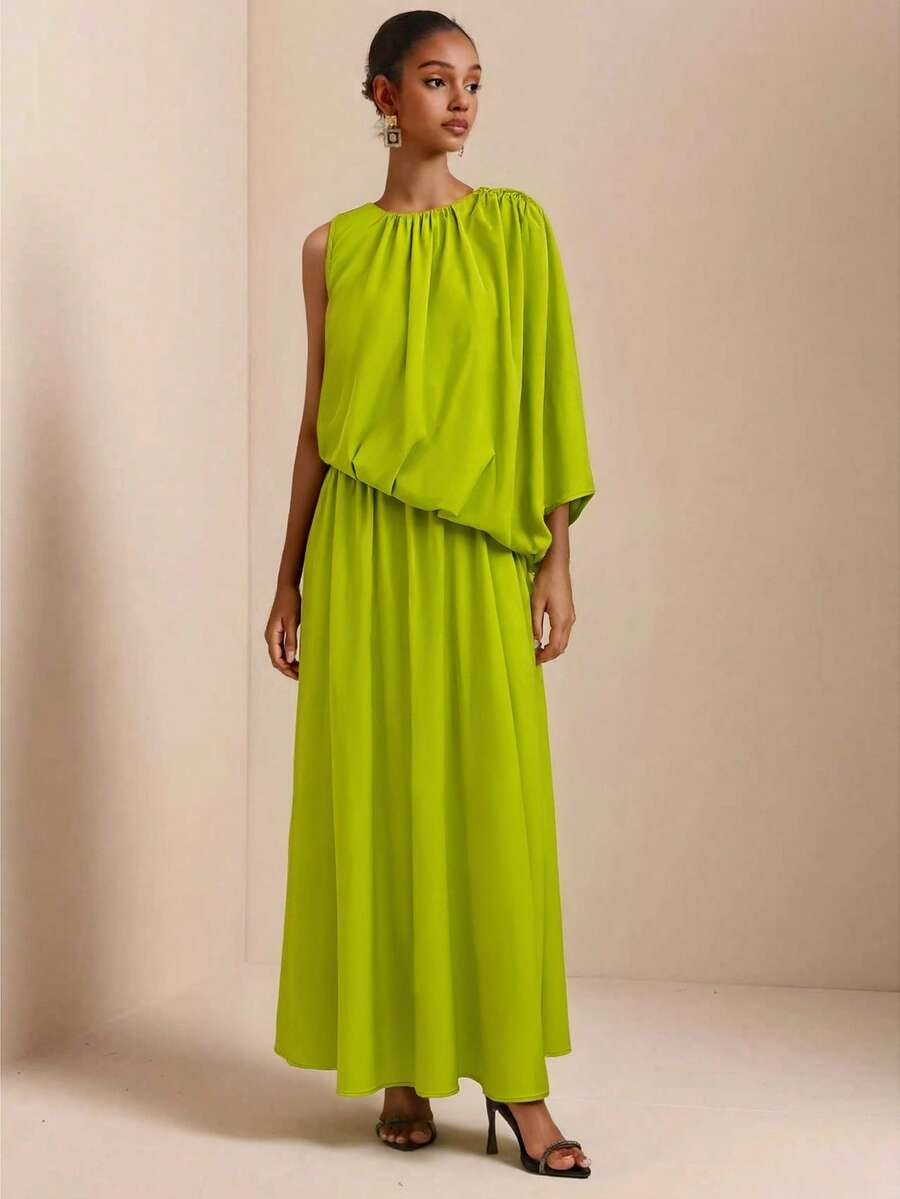 SHEIN Veneréa 新款春夏单肩褶皱腰身连衣裙，绿色圆领，优雅 - 綠色 - 查看 1