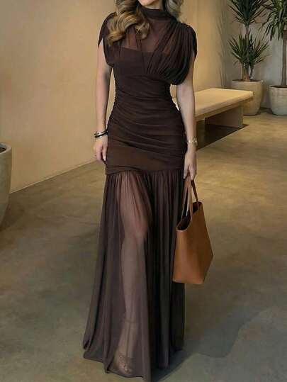 Firerie Women's Elegant, Exquisite, Romantic & Charming Fashion Valentine's Day, Date, Holiday, Wedding Guest, Vacation Sheer Mesh Overlay Brown Dress