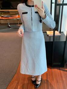 DAZY 春夏格子蓝色开衫短款上衣和A字裙套装，撞色设计，优雅百搭，适合情人节、婚礼、派对、正式场合，时尚修身，通勤两件套女装 - 藍色 - 查看 8