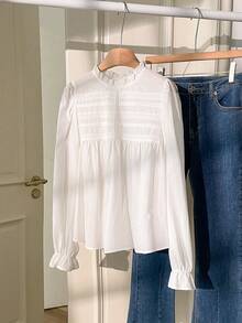 Muvela 2026 Spring/Summer New White Ruffled Collar Lace Trim Splice Striped Elastic Cuff Women's Cute Shirt, Elegant Party, British Style, Campus, Suitable For Outing, Date, Gathering, Music Festival, Commuting, Summer Holiday, Vacation - White - View 8