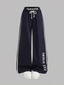 SHEIN Girlism Kids Teen Girls' Navy Blue 2 Piece Set,Sporty Streetwear Summer Retro Short Sleeve T-Shirt And Loose Wide Leg Pants,Back-To-School Graduation Outfit - Blue and White - View 10