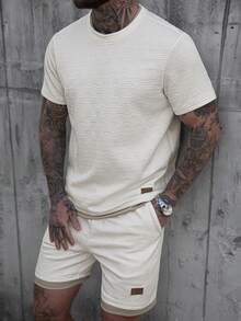 OTTIMOZO 男士舒适条纹提花经典短袖圆领T恤套装（2件装）搭配弹力抽绳短裤，休闲度假、日常办公、居家、聚会、约会、商务休闲皆宜，适合正式或非正式场合，自用或送礼皆可，经典畅销套装，山本系列T恤套装 - 彩色 - 查看 5