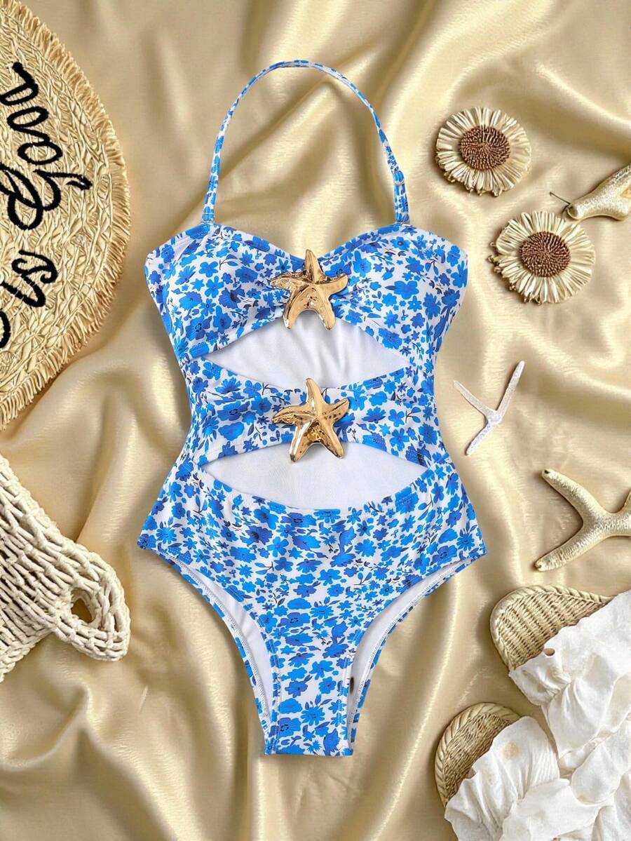 SHEIN Bộ đồ bơi liền thân màu đen dành cho bé gái tuổi teen, kiểu dáng thường ngày, có dây đeo rời, điểm nhấn là hình sao biển rỗng, xếp ly, thích hợp cho kỳ nghỉ hè hoặc đi biển. - màu đen - Xem 1