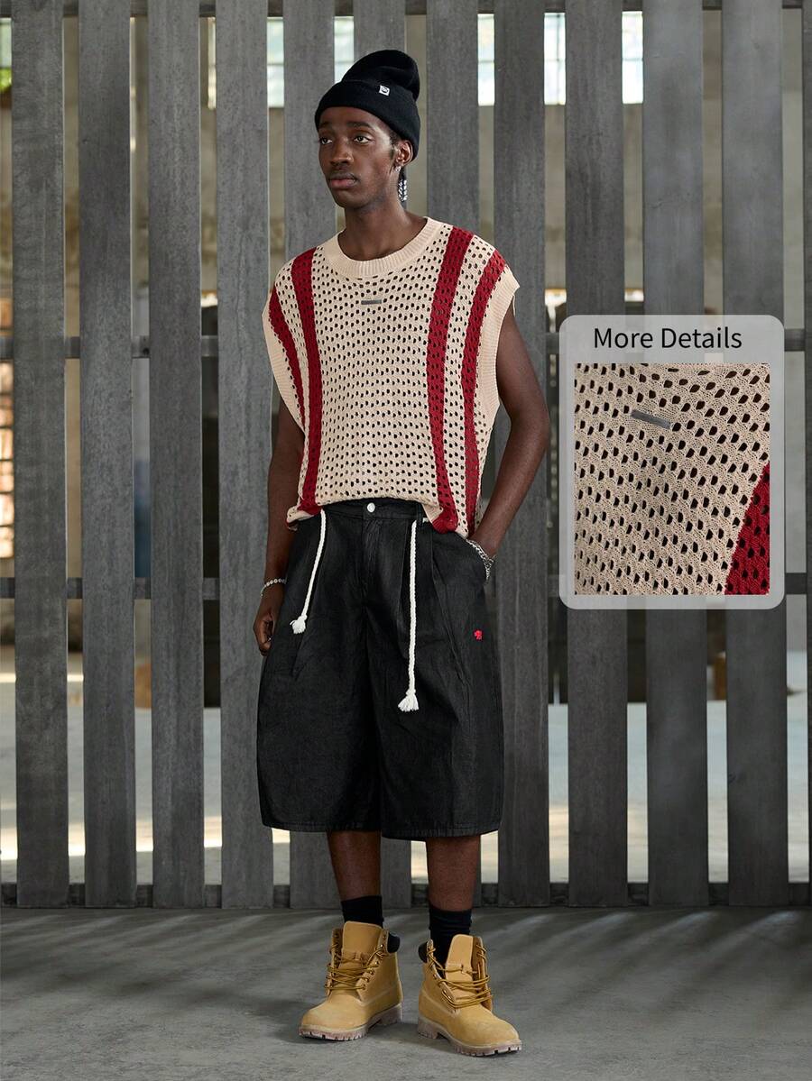 NEON BLANC Brand - Men's New Casual Pullover Contrast Color Hollow Knit Sweater, Spring/Summer - Apricot - View 1