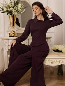 Modelyn Women's Daily Commute Oblique Collar Asymmetric Design Top And High Waist Wide Leg Pants 2 Pieces Set - Brown - View 1