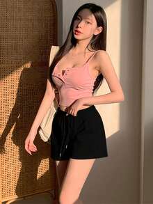 Joudiya Women Casual Solid Color Drawstring Waist Shorts, Summer Sweater Shorts - Black - View 5