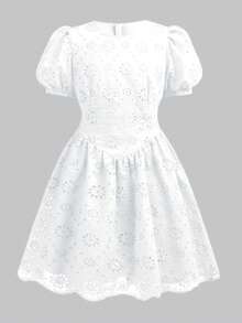 Đầm chữ A tay phồng màu đỏ thanh lịch dành cho bé gái lớn, thích hợp mùa xuân/hè, thêu họa tiết, phù hợp cho các buổi họp mặt gia đình, lễ kỷ niệm và mặc hàng ngày. - trắng - Xem 3