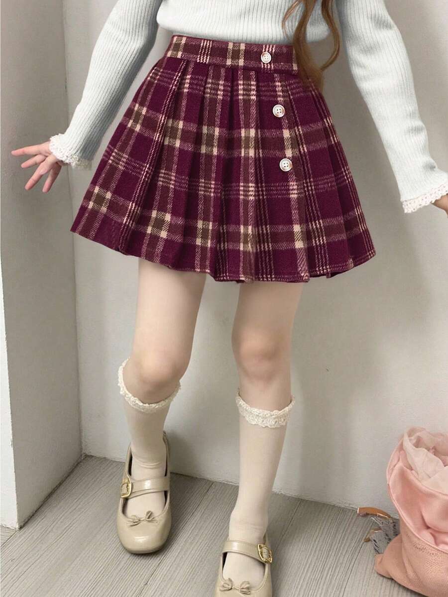 Genkimix Kids 秋冬新款时尚学院风女童格子A字百褶裙，简约优雅的穿搭 - 紅色 - 查看 1