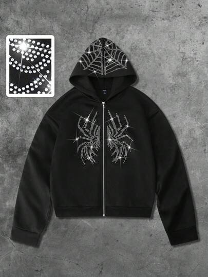 Street Life Men's Rhinestone Spider Embellished Streetwear Style Hoodie Sweatshirt, Autumn/Winter