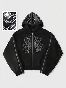 ROMWE MEN Street Life Men's Rhinestone Spider Embellished Streetwear Style Hoodie Sweatshirt, Autumn/Winter - Black - View 7