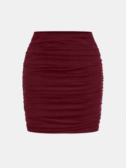 SHEIN Girlism Tween Girl Casual Solid Color Side Ruched Cropped Mini Skirt Ruched Skirt Skirts For Women Dark Red Skirt Bodycon Skirt