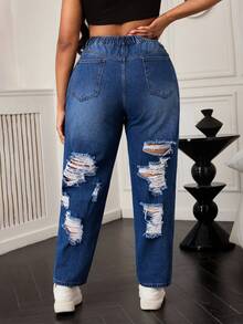 SHEIN SXY Plus Size Distressed Loose Mom Jeans - Dark Wash - View 2