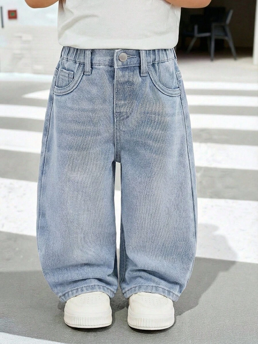 SHEIN Bubblio 男宝宝都市街头酷炫水洗复古做旧猫须宽松蓝色牛仔裤,四季百搭休闲,室内外日常穿着及度假皆宜 - 淺灰色 - 查看 1