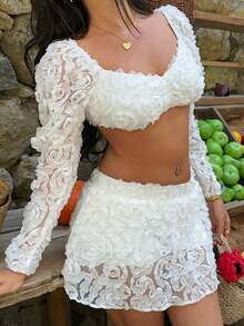 Sunnyshic 2件套 女士刺绣网纱心形领露脐上衣和迷你裙 - 白色 - 查看 1