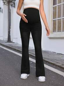 SHEIN Maternity Elastic Waist Denim Skinny Flare Jeans, Blue, Summer Boho Thin Denim Bell-Bottoms - Black - View 6