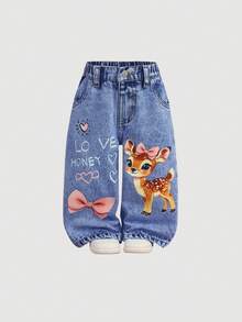 SHEIN Baby GirlCute Cartoon Deer Pattern Blue Denim Loose Pants - Medium Wash - View 7