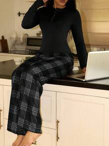 女士复古休闲INS格子印花舒适纽扣睡衣套装 - 黑色 - 查看 5