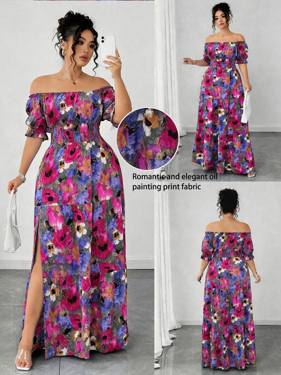 SHEIN Elenzya Đầm nữ cỡ lớn kiểu dáng lãng mạn, trừu tượng, họa tiết hoa ombre, trễ vai, tay phồng, eo nhún, xếp tầng, vạt chữ S, thanh lịch, thích hợp cho hẹn hò, nghỉ dưỡng, phong cách đồng quê, dài đến đầu gối. - Màu Hồng Tươi - Xem 1