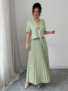 Modelyn 女士优雅撞色编织系带露脐上衣两件套 - 青碧色 - 查看 3