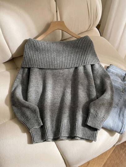 SHEIN Tween Girl Casual Off Shoulder Solid Grey Color Long Sleeve Sweater, Fall Outgoing Sweater, Autumn Winter, Elegant
