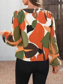 EMERY ROSE Blus Lengan Lentera Motif Acak Elegan Warna Oranye Terbakar, Atasan Chiffon Leher Bulat untuk Wanita, Blus Tunik Lengan Bishop untuk Musim Semi dan Musim Panas untuk Kerja dan Perjalanan - MultiWarna - View 2