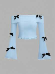 SHEIN Serisse Kids طقم ملابس كاجوال للبنات المراهقات: ملابس علوية مكشوفة الكتفين مع فيونكة وبنطلون واسع بلون موحد - أزرق فاتح اللون - مشاهدة 5