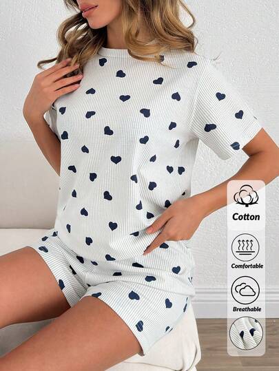 EURMUSE Cotton Line Women Heart Striped Print Round Neck Short Sleeve Top& Short Comfy 2 Pcs Set
