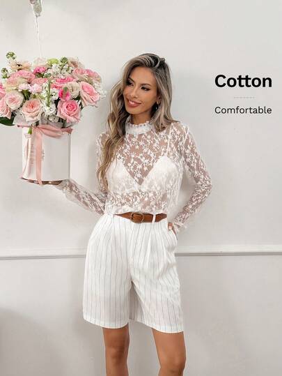 Easowa 女士米白色棉质条纹百慕大短裤，适合学院风、办公室、休闲装扮，春夏皆宜