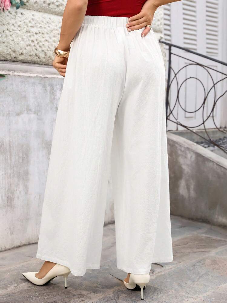 Plus Size Solid Color Pleated Casual Versatile Wide Leg Pants For Summer/ Vacation Wide Leg Capri Pants White Wide Leg Pants Women Wide Leg Summer Pants White Linen Pants Summer