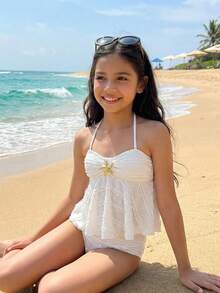 SHEIN 少女纹理针织杏色吊带背心式泳衣套装