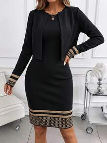 SHEIN Clasi Women's Round Neck Sleeveless Cinched Waist Elastic Knit Geometric Print Long Sleeve Cardigan, Elegant For Daily Wear And Commute, Autumn/Winter 2-Piece Set Women's Sets Plaid Print Black, Work Suit, Office Attire - Black and White - View 5