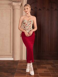 Floral Print Lace Up Back Tube Shapewear Top - Multicolor - View 1