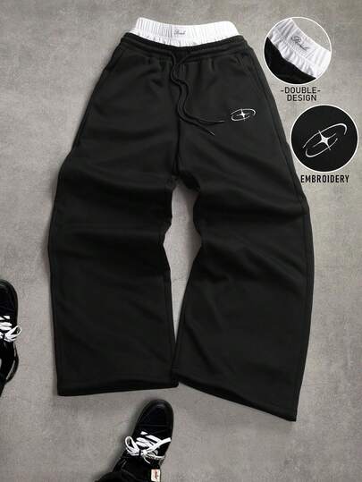 PAVTROS Plus Size Men's Casual Fashion Street Daily Commute 2 In 1 Drawstring Waist Embroidered Loose Wide-Leg Sweatpants