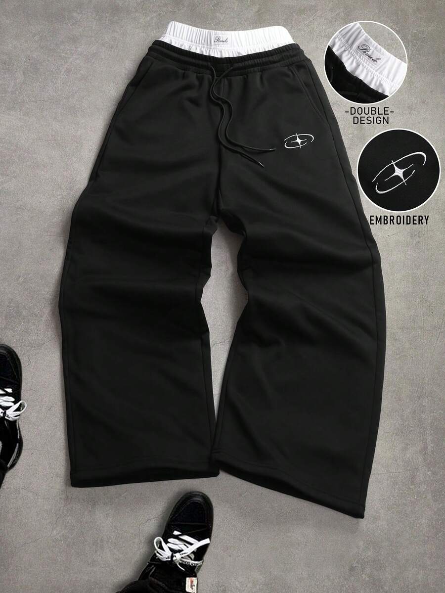 PAVTROS Plus Size Men's Casual Fashion Street Daily Commute 2 In 1 Drawstring Waist Embroidered Loose Wide-Leg Sweatpants 2pcs Men's Elastic Pants Men Black Cargo Shorts Men's Short Pants Men's Street Wear Shorts Techwear Pants - Black - View 1