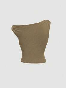 Sweetra Áo tank top dáng ôm, cổ lệch bất đối xứng, thích hợp mặc mùa xuân/hè. - Màu Khaki - Xem 2