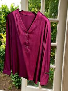 Franclia Women's Plus Size Red Casual Long Sleeve V Neck Blouse With Button Details - Red - View 6