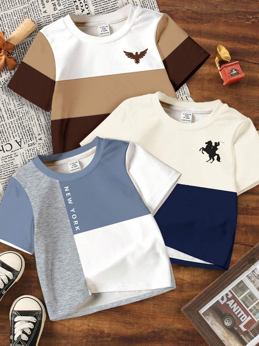 3pcs/Set Young Boys' Casual Cool Classic Color Block Patchwork, Small Logo Print Comfortable Short Sleeve T-Shirts, Suitable For Spring/Summer - Multicolor - View 1