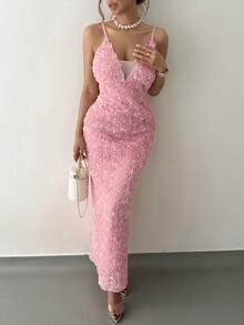 Islaluna Vestido de tirantes con abertura y aplicaciones para mujer, adecuado para el Día de San Valentín - Rosa - Ver 3