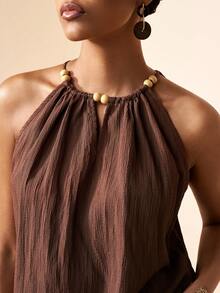 Zivah 2026 Spring/Summer New  Casual Vacation Commuter Textured Fabric Loose Brown Round Neck Beaded Sleeveless Vest + Wide-Leg Pant Women Two Pieces Set.Suitable For Everyday Outings, Party, Travel, Parties, Boho , Beach, Airport Outfits, Brunch Outfits, Festivals, And Wedding Guest Attire-,Vacation-A - Brown - View 8