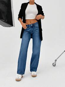 CasuGlow 100% Cotton LOW RISE  STRAIGHT FIT VINTAGE WASH Y2K STYLE JEAN - Royal Blue - View 5