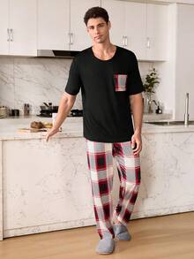 SHEIN 男士格子印花口袋短袖睡衣套装 - 黑色 - 查看 6