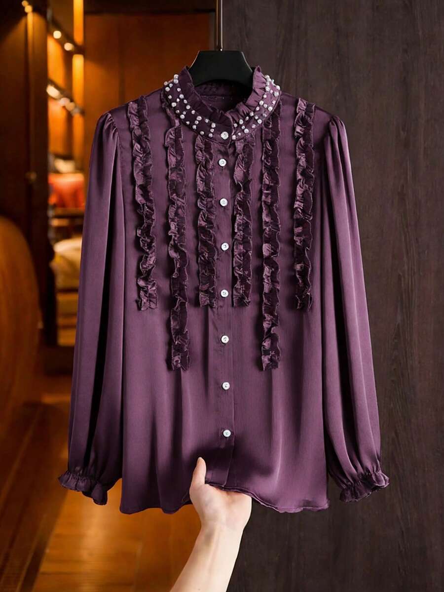 Modelyn Elegant Solid Color Ruffle Collar Long Sleeve Fitted Plus Size Blouse, Suitable For Spring And Autumn Elegant Blouse For Women - Purple - View 1