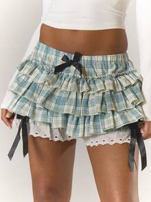 MUSERA Gingham Frill Trim Bow Bloomer Shorts Cute Streetwear Festival Farmhouse , Country, Vintage,  Summer Casual - Multicolor - View 5