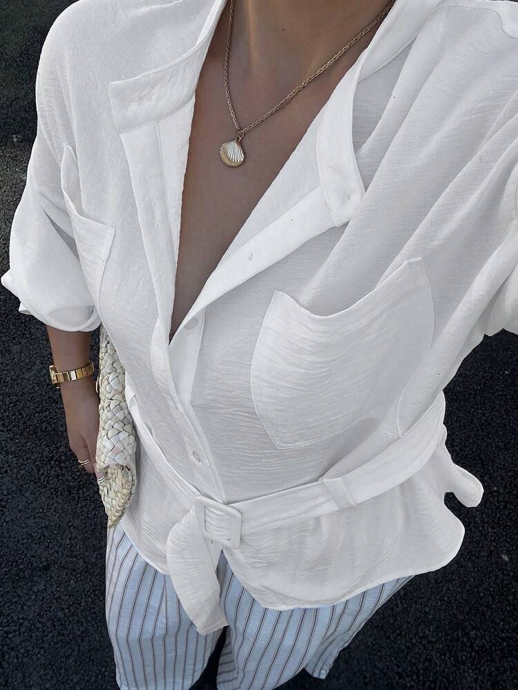Dazy Plus White Loose Fit Casual Long Sleeve Shirt With Round Neck, Pocket And Waist Belt Decor