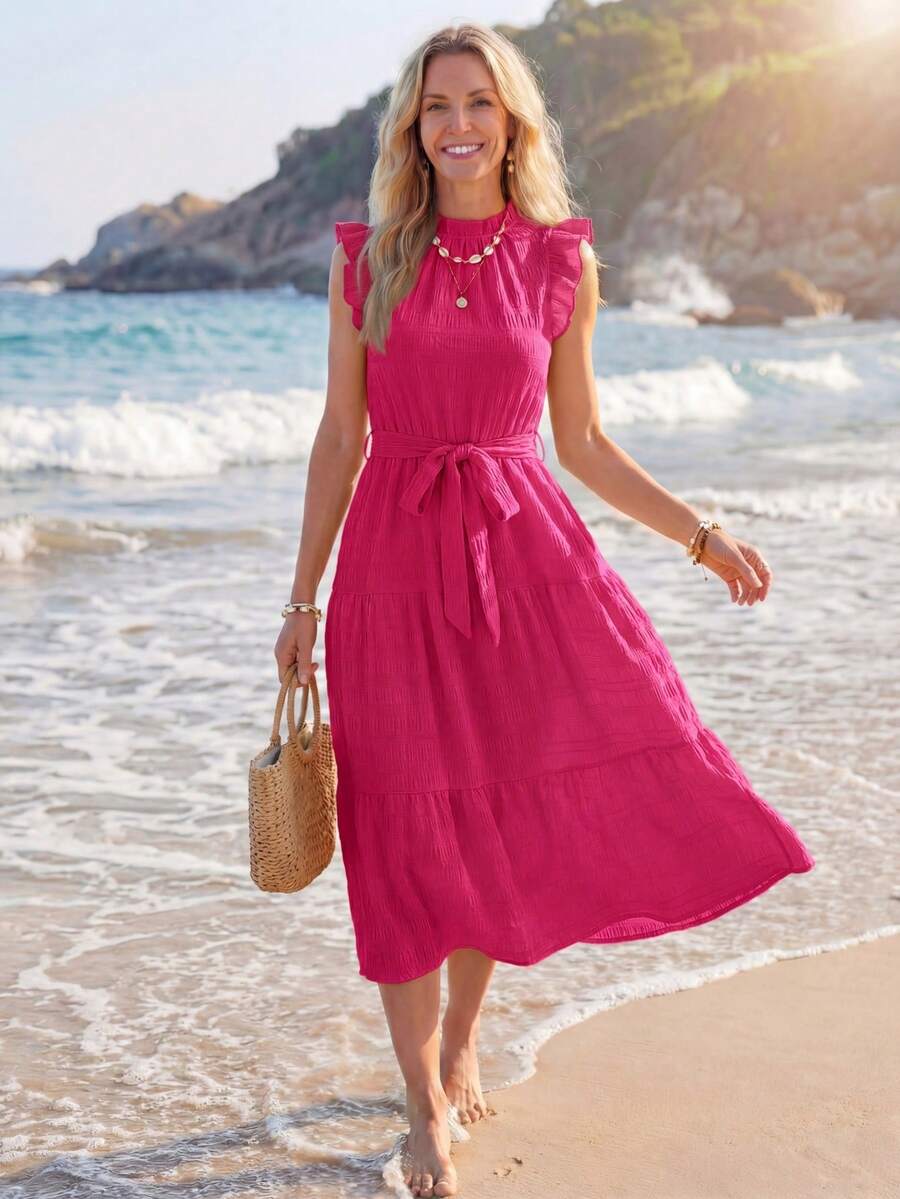Sylviya Women's Flutter Sleeve Tie Waist Dress - Hot Pink - View 1
