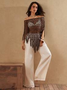 Silquee Women's Brown Summer Boho Beach Holiday Semi-Sheer Knit Sequined Openwork Crochet Cape Top With Fringed Hem,Perfect For Vacation&Pool Party,Holiday - Coffee Brown - View 3